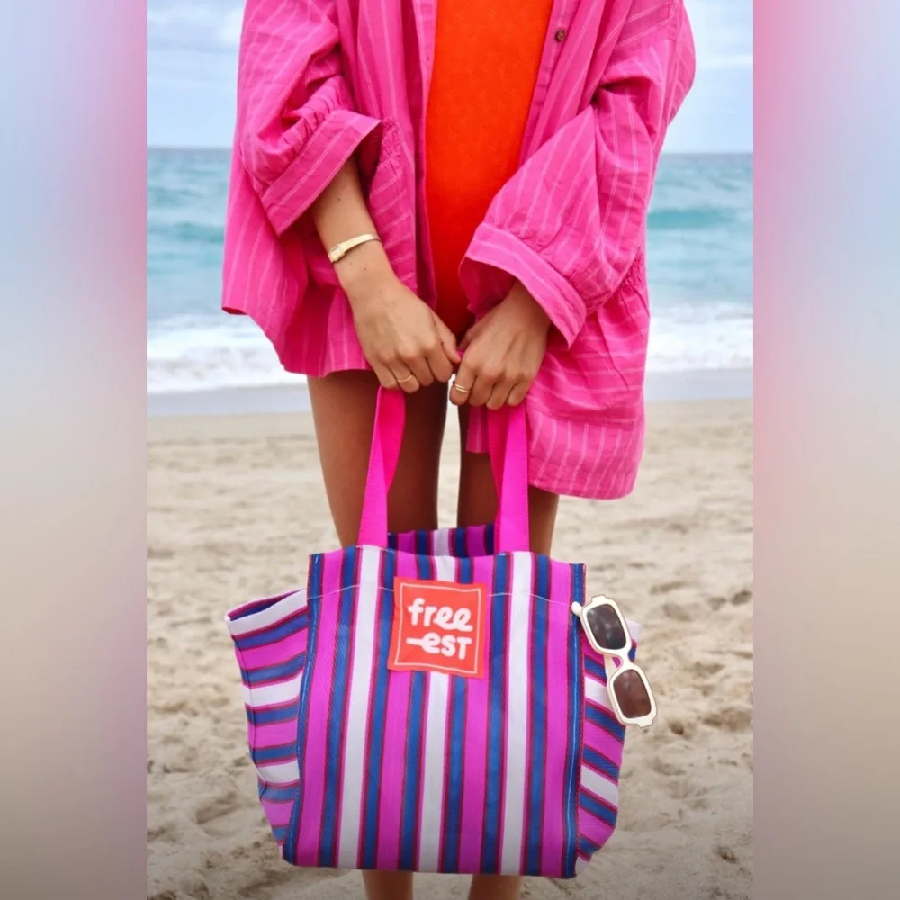 Free People free-est Boho Striped Beach Tote Bag Pink Blue OS - Picture 7 of 7
